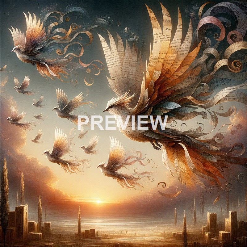 A surreal, artistic depiction of a large bird composed of feathers and pages, flying over a cityscape during sunset with smaller birds around it.